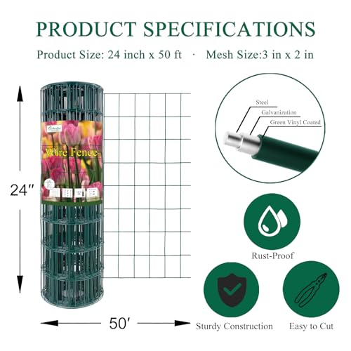 Green PVC Coated Welded Wire Fence 24" x 50' Roll (Green / 2''x3'' 16GA 24''x50')