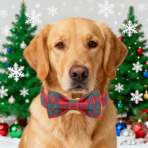 Christmas Dog Collar with Bow Red Green Plaid Cotton Puppy Collars for Small Medium Large Dogs (Extra Small / Red Green Plaid)