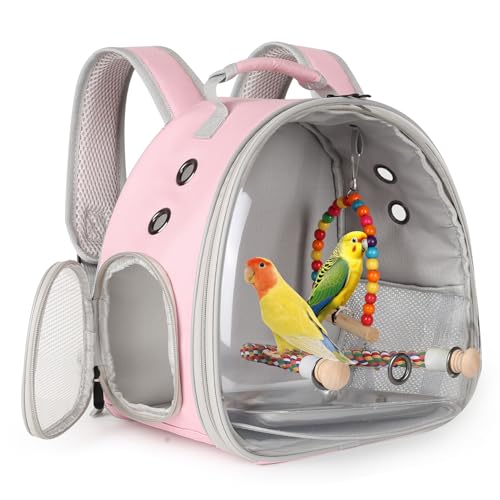 Portable Parrot Travel Cage Carrier with Small Swing Toy&Cage Colorful Toys Set Small Bird Parakeet Bag with Standing Perch Bird Carry Transport Bag (Pink / Backpack/swing)