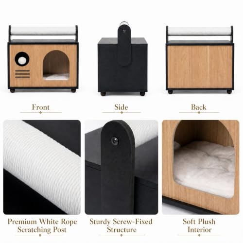 Wooden Cat House with Top Scratching Post for Indoor Cats
