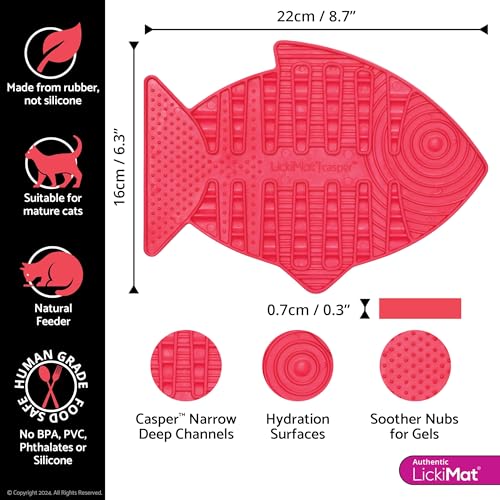 Casper, Fish-Shaped Cat Slow Feeders Lick Mat, Boredom Anxiety Reducer; Perfect for Food, Treats, Yogurt, or Peanut Butter. Fun Alternative to a Slow Feed Cat Bowl or Dish, Pink (Pink)