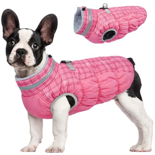 Dog Winter Coat Fleece Warm Small Dog Coat with Harness Built in (Rose Plaid / S(chest:17in))