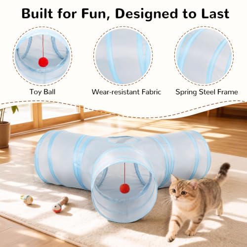 Cat Tunnel, 3-Way Collapsible Toy for Indoor Cats, Grey & Blue (Light Grey&Blue / Small)