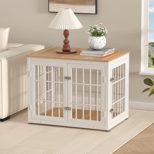 32" Heavy Duty Dog Crate Furniture for Small and Medium Dogs (White + Natural / 32.7"L x 23.6"W x 26.2"H)