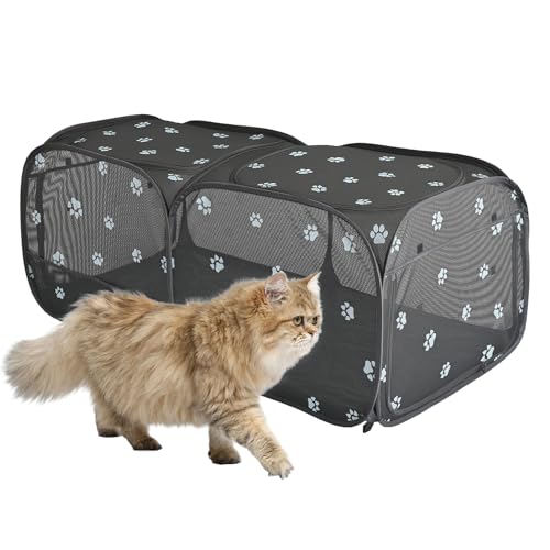 2-in-1 Dog Playpen 46.5''Pop Up Cat Pet Playpen, Assembly-Free Indoor Outdoor Kitten Enclosure, Breathable Cat Cage Portable Puppy Tent Crates,Spacious Kennel for Small Animals, No Confinement Feel(S) (Black Mesh / S, 46.5"L x 24.1"W x 17"H)