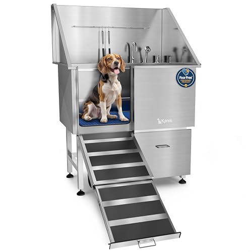 Professional Dog Washing Station 304 Stainless Steel Pet Wash Sink (Silver, Left Ramp, 1 Drawer / 40 Inches)