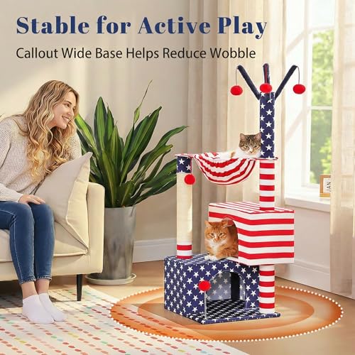 American Flag Cat Tree for Kittens & Senior Cats (Patriotic Red White & Blue / 45 inches)