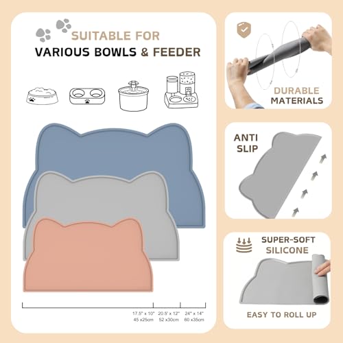 Cat Food Mat Silicone Non Slip Dog Bowl Mat Waterproof Cat Feeding Mat Stop Food Spills and Water Messes Out to Floor Pet Food Mat (Tea Rose / 17" x 10")