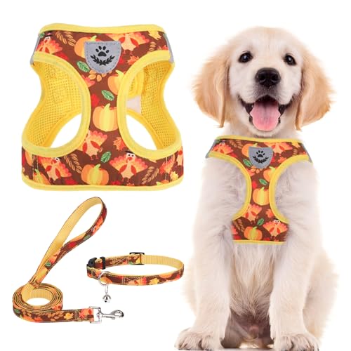 Dog Harness Collar and Leash Set No Pull for Small Medium Sized (Brown&Yellow (Fall) / M (CHEST 16"-18"))