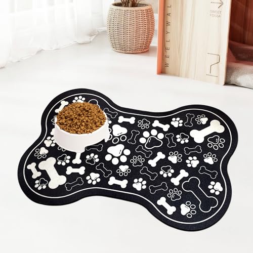 Dog & Cat Food Mat Bone Shaped Pet Feeding Mat Quick Absorb Water Bowl Placemat with Rubber Backing Indoor Floor Stain Resistant Pet Accessory Supplies (Black / 12"L x 18"W)