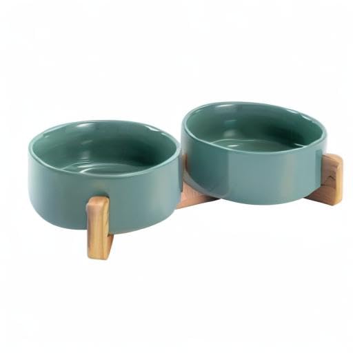 Ceramic Dog and Cat Bowl Set with Wooden Stand (1.7 cups / Light Green × 2)