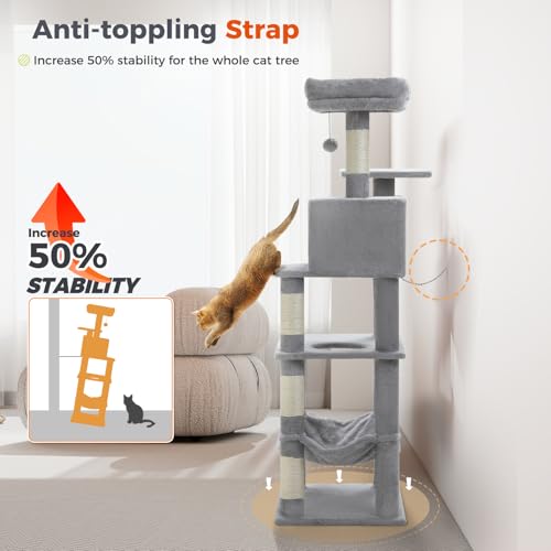 56.3in Multi Level Cat Tree for Indoor Cats (Plush Grey / Air(19.7"L x 15.8"W x 56.3"H))