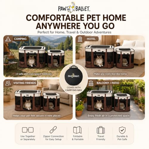 2-in-1 Dual-Zone Pet Playpen for Cats & Small Dogs, Portable Indoor Outdoor Pet Enclosure with Connected Rest & Feeding Areas, Foldable Pet Tent with Carrying Bag (Brown / Medium (2-IN-1))