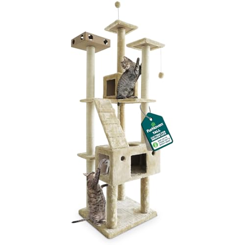 69.3" Tall Cat Scratching Post Tower for Indoor Cats (Cat Tower / Double Decker Playground (Cream))