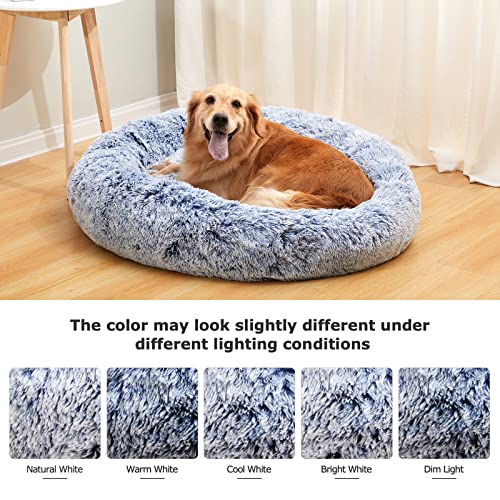 Calming Fluffy Donut Dog Bed for Large Dogs (36.0"L x 36.0"W x 8.0"Th / Navy Blue)