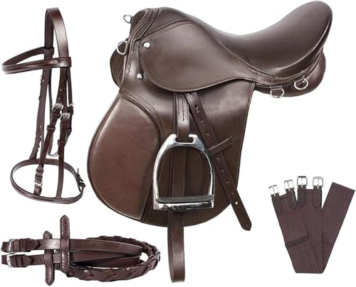 Leather English Riding Horse Saddle Starter Kit Brown Saddle 7 Pcs Combo Pack (Size 16)