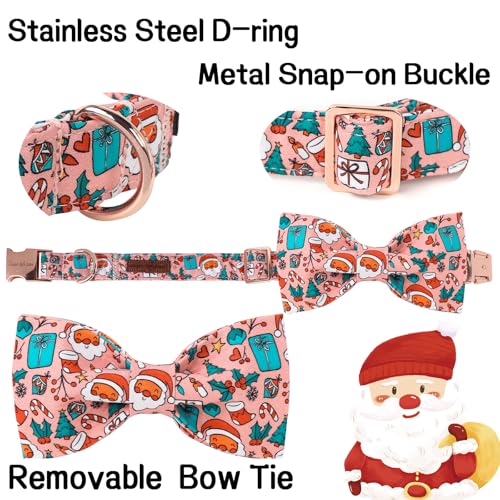 Christmas Day Dog Collar with Bow Pink Christmas Man Cotton Puppy Collars for Small Medium Large Dogs (Small / Old man gift bow)