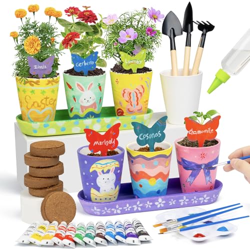Kids Gardening Set Paint and Plant Stoneware Flower Growing Kit with 6 Pots and Gardening Tools Arts and Crafts for Kids Ages 8 (6-set)