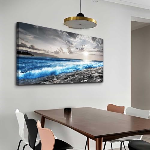 Framed Canvas Wall Art (48"L x 24"W / Blue Sea Wave Pictures)