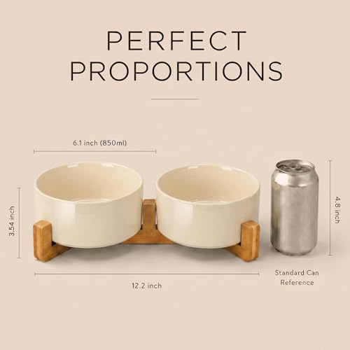Ceramic Dog and Cat Bowl Set with Wooden Stand (3.6 cups / Beige × 2)