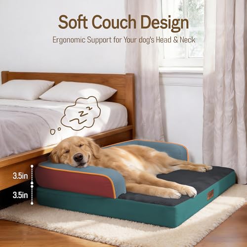 Washable Dog Bed with Bolster for Medium to Large Dogs (Terracotta Teal / 36"L x 27"W x 7.5"Th)