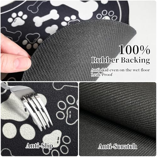 Dog & Cat Food Mat Bone Shaped Pet Feeding Mat Quick Absorb Water Bowl Placemat with Rubber Backing Indoor Floor Stain Resistant Pet Accessory Supplies (Black / 12"L x 18"W)