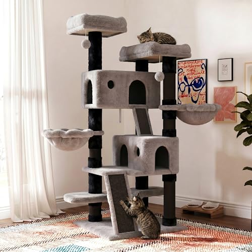 65in Larger Cat Tree Tower Condo for Indoor Kitties (Black & Grey)