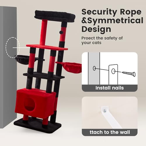 65in Large Cat Tree Heavy Duty Tower Condo & Sisal Posts for Cats (Red / 65 in)