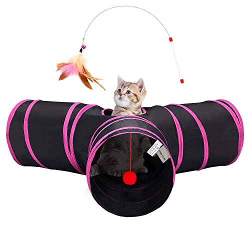 Cat Tunnel, 3-Way Collapsible Toy for Indoor Cats, Black & Red (Black & Rose Red / Small)
