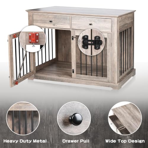 44 inch Wooden Dog Crate with 2 Storage Drawers (Grey / 44.5"L x 23.6"W x 34.5"H)