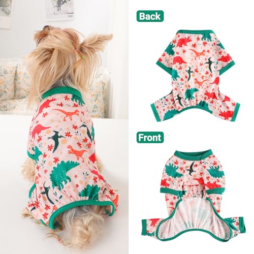 Dog Pajamas Small Sized Dogs Stretchable Summer Dog Clothes Pjs 4 Legs Girl Boy Cute Soft Puppy Outfits Doggie Cat Jammies Jumpsuit Sleeper for Pet (Dinosaur / Large (Chest 17in ))