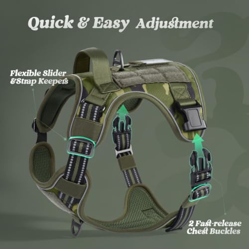 Tactical Dog Harness for Large Dogs (Xl(chest:23.6"-41.8",neck:21.7"-32.3",back:9.1") / Green Camo)