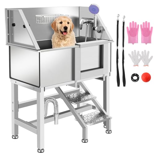 Dog Washing Station 34'' Stainless Steel Pet Grooming Tub for Large Dogs Over (34" R-RAMP)