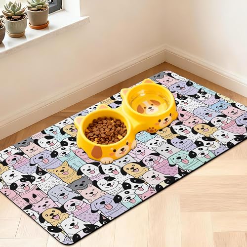 Pet Feeding Mat for Floors Waterproof Dog Mat for Food and Water Absorbent Quick Dry Non Slip mat for Cat Bowls (30"L x 17"W / ColorfulDog)