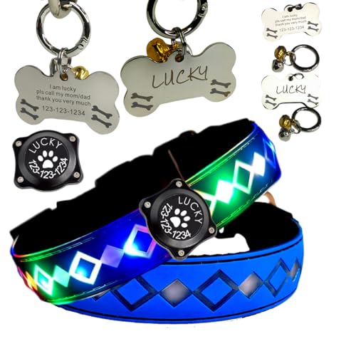 LED Dog Collar with AirTag Holder and Custom ID Tag (BLUE Pro / L(15.7-19.7"))