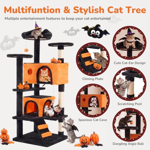 54 inch Cat Tree Tower with Scratching Posts (Black & Orange / 54IN)