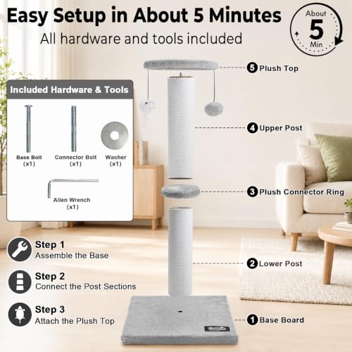 34"Tall Cat Scratching Post for Large Cats (Light Gray)