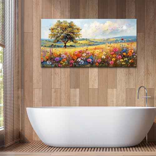 Canvas Wall Art For Living Room Wall Decor For Bedroom Office Decorations Field Pictures Artwork Flower Scenery Watercolour Wall Paintings Aesthetic Room Home Decor Ready to Hang (40"L x 20"W / Field Landscape)