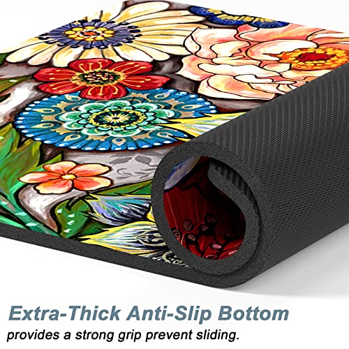 Dog Food Mat 12" x 19" Flower Absorbent Dog Cat Bowl Mat for Food and Water (Colorful Mandala / 19"L x 12"W)