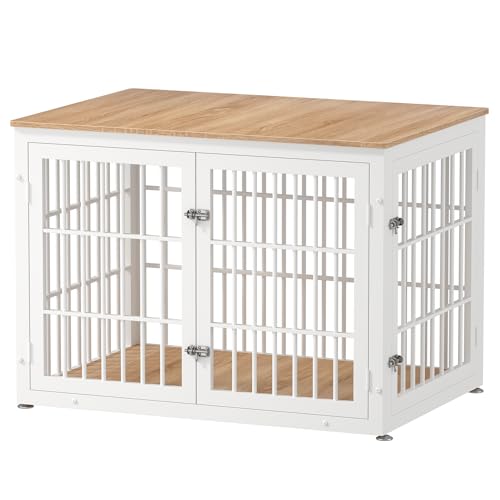 42" Heavy Duty Dog Crate Furniture for Large and Medium Dogs (White + Natural / 42.1"L x 29.9"W x 30.4"H)