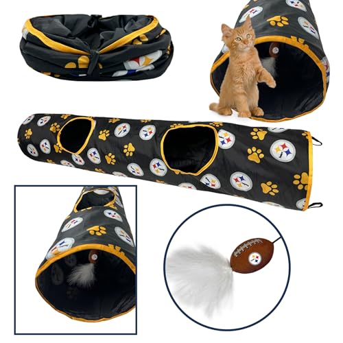 NFL Pittsburgh Steelers Cat Tunnel Tube Toy with Plush Football Catnip and Feathers Collapsible Tunnel for Cats to Play (Pittsburgh Steelers)