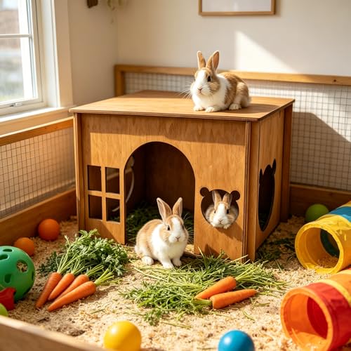 Large Sturdy Wooden Rabbit Castle Hideout with Spacious Balcony (Brown Style 2 / Large)