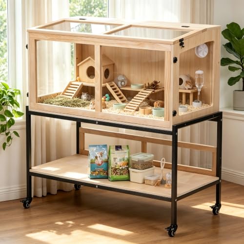 Wooden Hamster Cage with Storage Shelf＆Lockable Wheels 39"X18"X40" (39"L x 18"W x 40"H)