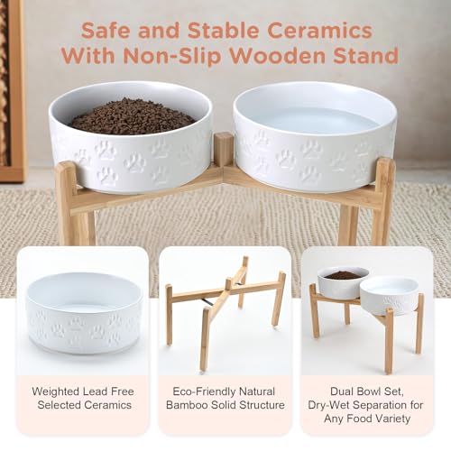 Elevated Dog Bowls Ceramic (8.3 in - 7.6 cups / Paw White)