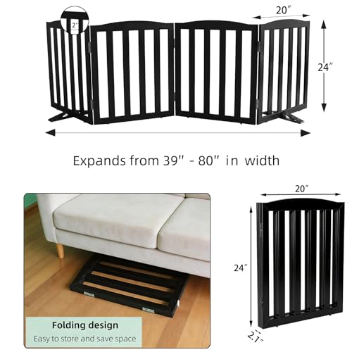 Foldable Freestanding Indoor Dog Gate for House Wood Long Pet Gates Dog Fence for Stairs Puppy Gates for Hallways (Black / 【4 Panels】80''w X 24''h)