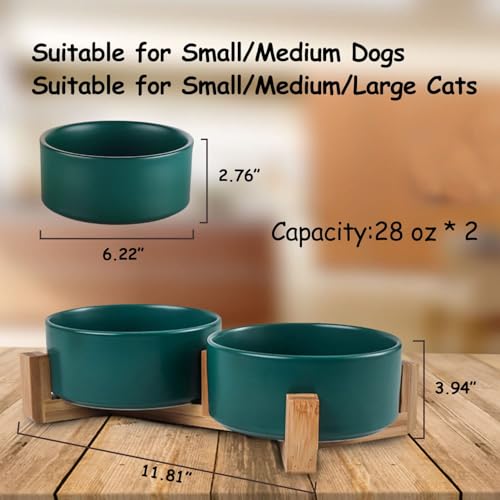 Dog Bowls Green Ceramic Cat Dog Bowl Set with Stand for Food and Water Feeder (Deep Green / 850ML*2)
