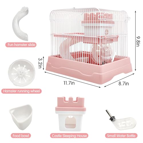 2 Tier Dwarf Hamster Cage (M: 11.7x8.7x9.8in / Pink)