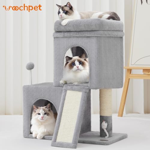 24inch Tall Cat Tree with 2 Cat Condo and Mouse Toy Cozy Small Cat Tower with Scratching Post and Board for Kitties and Small Cats.（Light Grey） (22*13*28)