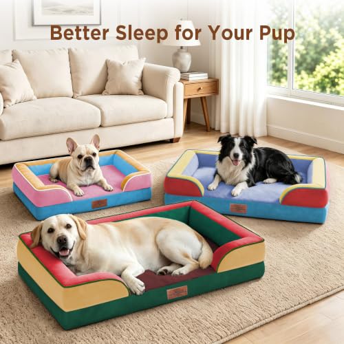Orthopedic Dog Beds for Large Sized Dog with Bolster (36.0"L x 27.0"W x 8.0"Th / Funfetti Fiesta)