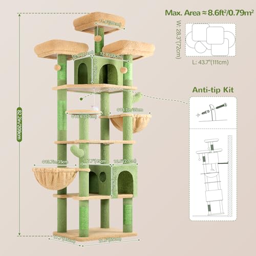 Cactus Cat Tree Tower for Multiple Adult Cats (82 inch / Green)